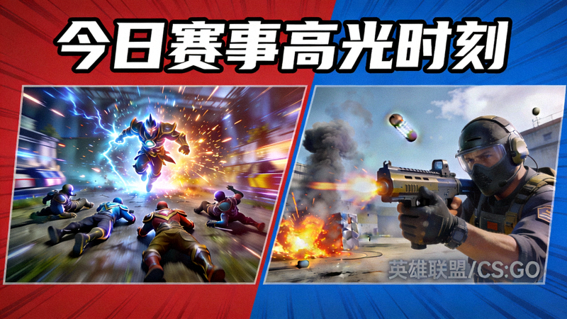 今日赛事高光时刻视频缩略图，包含多个英雄联盟五杀与CS:GO精彩残局镜头