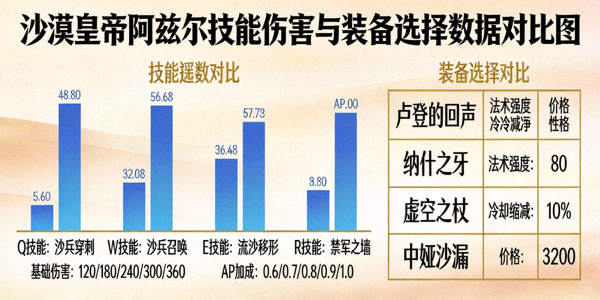 沙漠皇帝阿兹尔英雄技能伤害与装备选择数据对比图