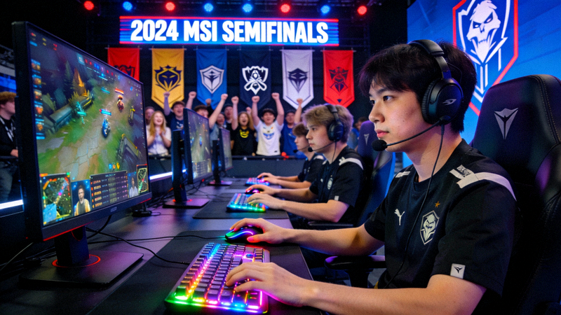 英雄联盟MSI半决赛激烈对战现场画面，选手专注操作